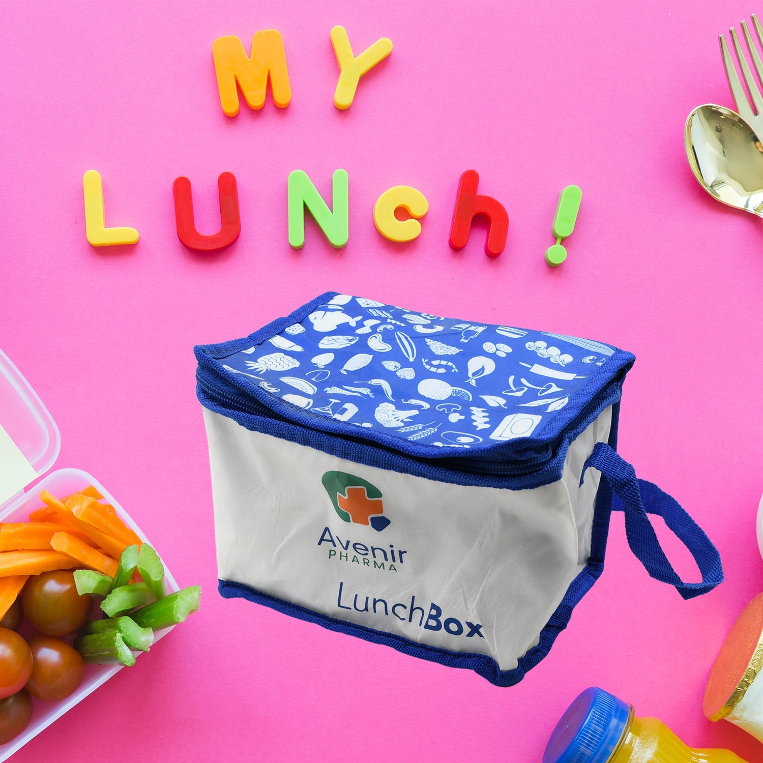 Waterproof insulated lunch bag, reusable for school or picnics.