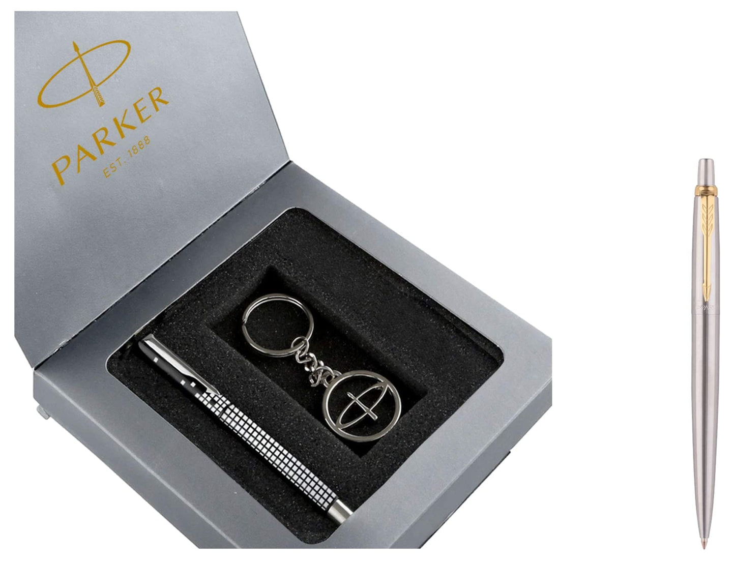Parker Gift Set - (Parker Vector Special Edition Chrome Trim Roller Ball Pen With Parker Keychain) |1 Pen + 1 Key Chain| Gift Set | Unique Gifts For Entrepreneurs | Gift For Employees