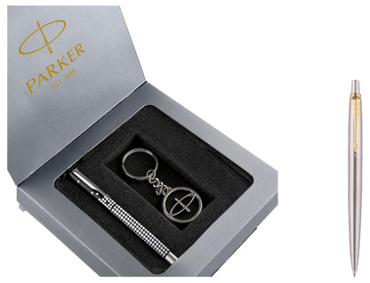 Parker Gift Set - (Parker Vector Special Edition Chrome Trim Roller Ball Pen With Parker Keychain) |1 Pen + 1 Key Chain| Gift Set | Unique Gifts For Entrepreneurs | Gift For Employees