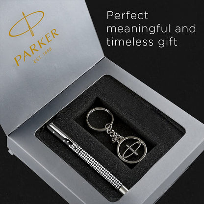 Parker Gift Set - (Parker Vector Special Edition Chrome Trim Roller Ball Pen With Parker Keychain) |1 Pen + 1 Key Chain| Gift Set | Unique Gifts For Entrepreneurs | Gift For Employees