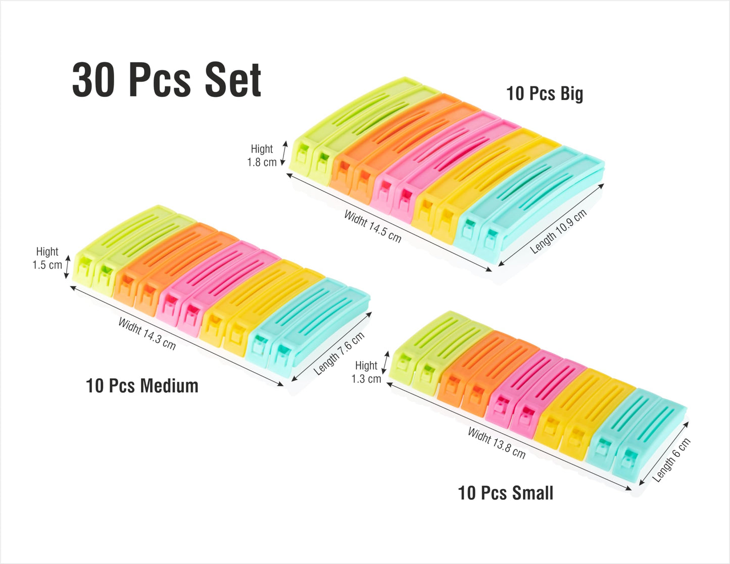 Tosaa 18 Pcs - 3 Different Size Plastic Food Snack Bag Pouch Clip Sealer Large,Medium,Small Plastic Snack Seal Sealing Bag Clips Vacuum Sealer (Multicolor)