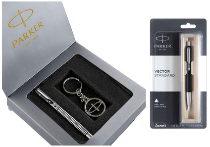 Parker Gift Set - (Parker Vector Special Edition Chrome Trim Roller Ball Pen With Parker Keychain) |1 Pen + 1 Key Chain| Gift Set | Unique Gifts For Entrepreneurs | Gift For Employees