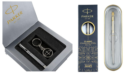 Parker Gift Set - (Parker Vector Special Edition Chrome Trim Roller Ball Pen With Parker Keychain) |1 Pen + 1 Key Chain| Gift Set | Unique Gifts For Entrepreneurs | Gift For Employees